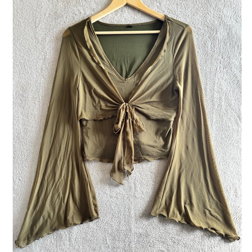 y2k Fairy Whimsigoth Mesh Bell Sleeve Tie Front Top Medium Green Grunge Witchy